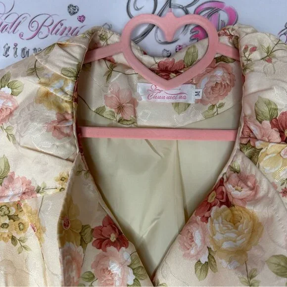 Floral coat pea coat long flowers peach orange pink light cream shiny shimmer - Picture 5 of 7